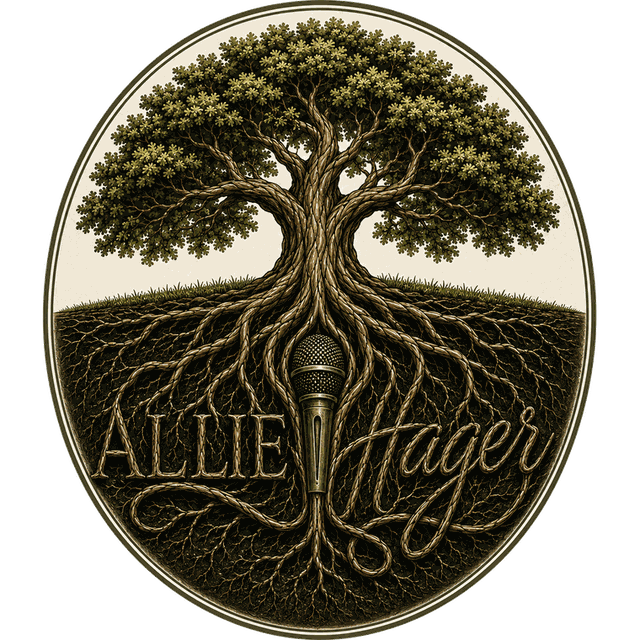 Allie Hager emblem: a tree whose roots spell her name around a microphone